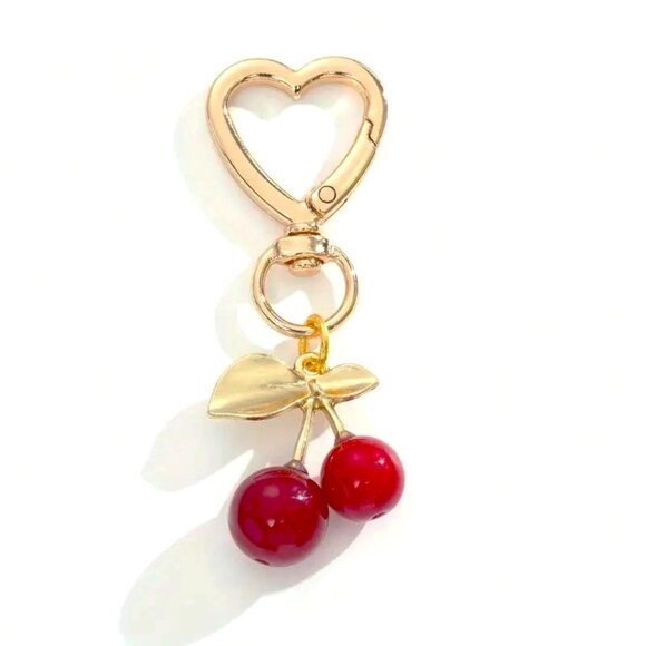 Cherry Bag Charm Keychain Purse Trendy Stylish Glam Bomb Y2K Fruit Gold Heart - Picture 1 of 3